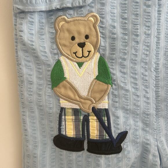 Vintage 2T Boy Blue Shortall Bear Golf Embroidered Back Pocket Lined Summer - Picture 2 of 9